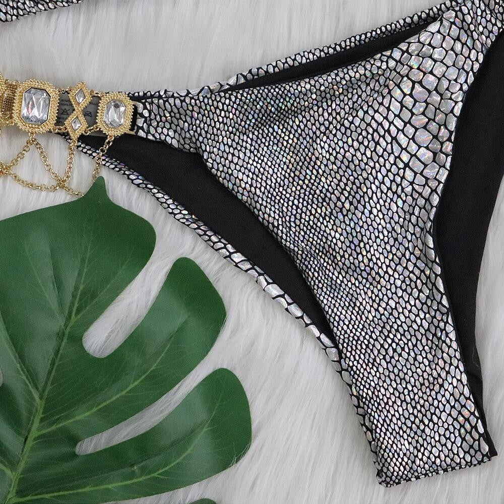 Halter Metal Chains Rhinestone Diamond Bikini set