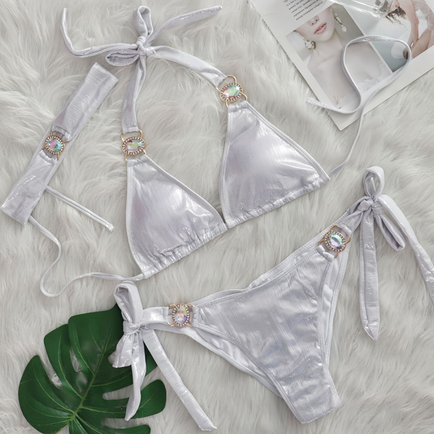Glossy Sexy Halter Bikinis With Rhinestones
