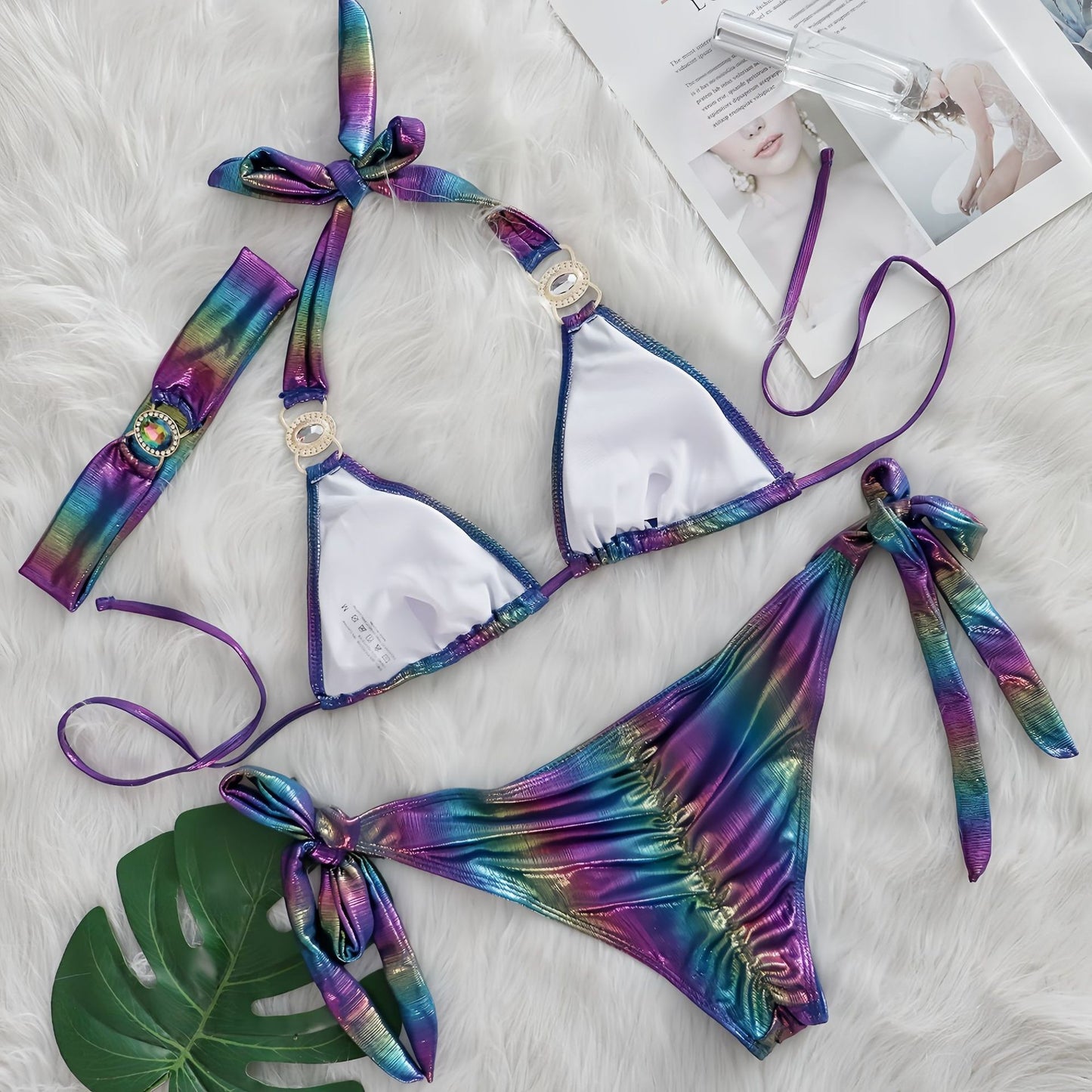 Glossy Sexy Halter Bikinis With Rhinestones