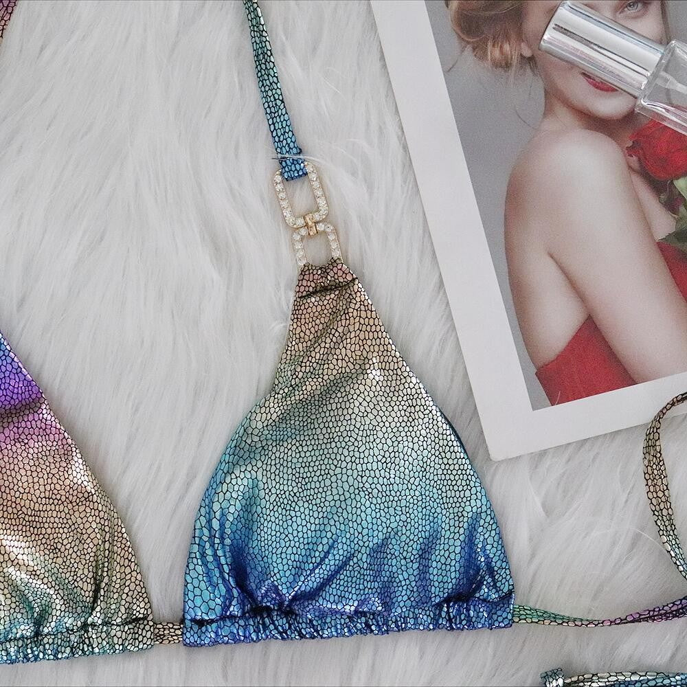 Gradient Rainbow Snake Skin Diamond Bikins