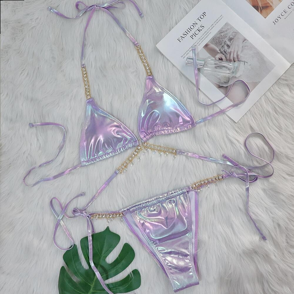 Sexy Halter Shiny Diamond Laser Metallic Bikini