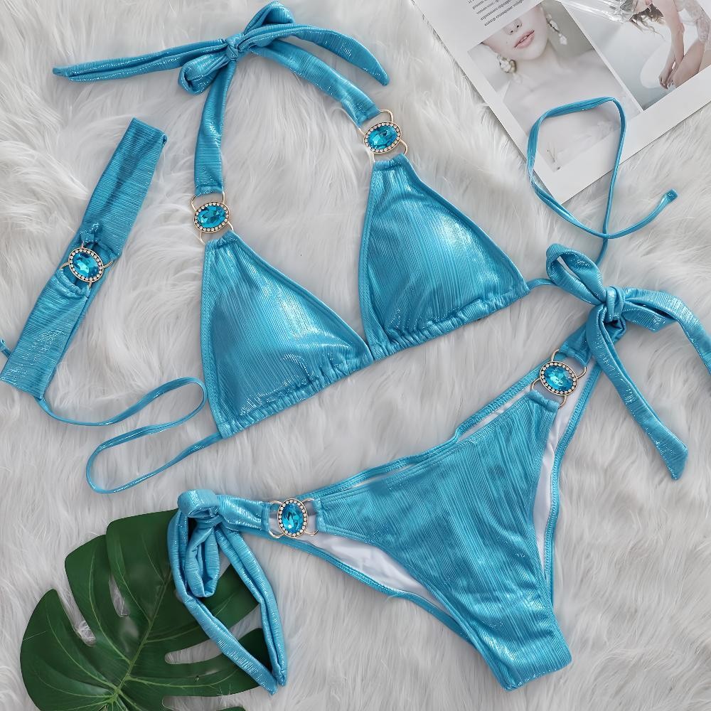 Glossy Sexy Halter Bikinis With Rhinestones