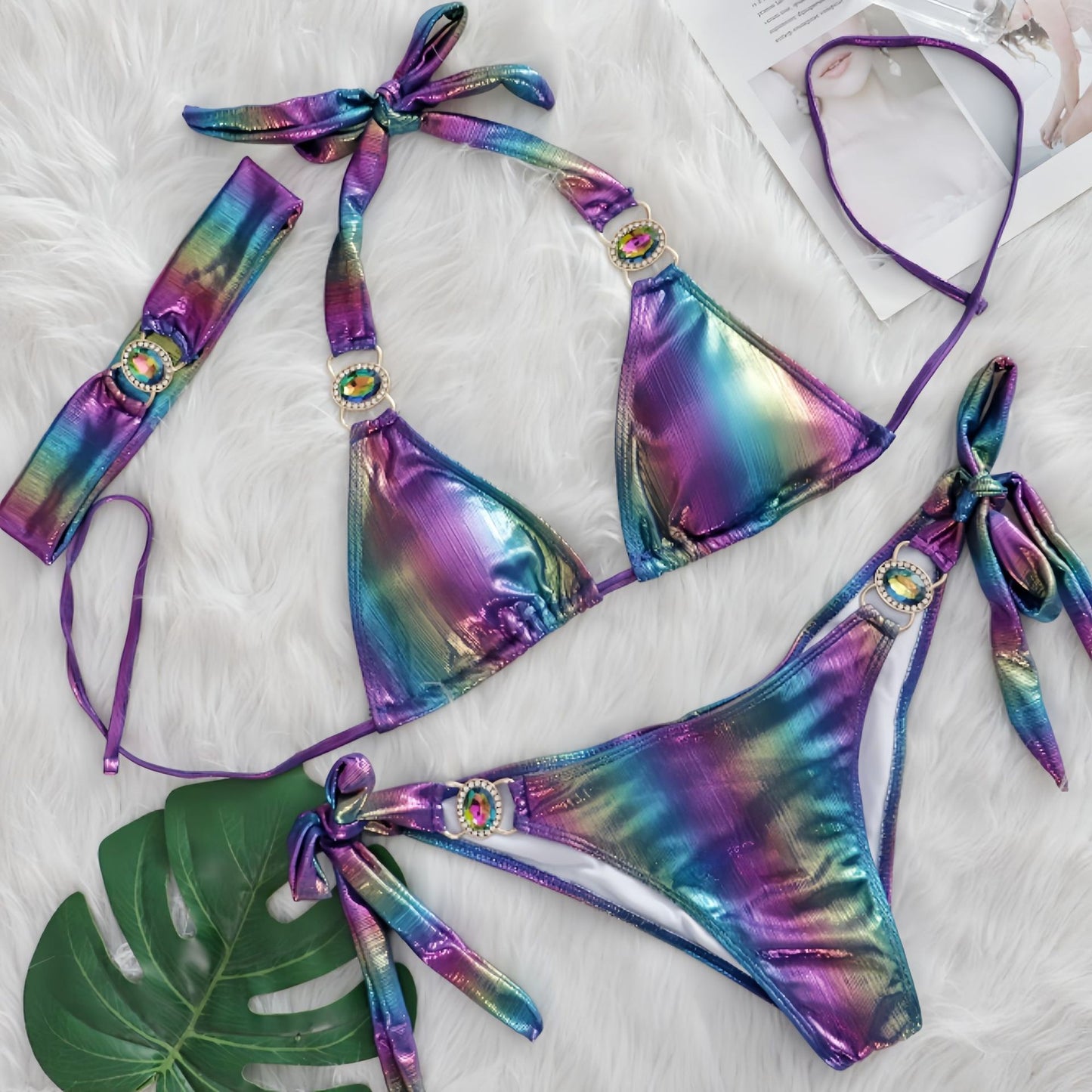 Glossy Sexy Halter Bikinis With Rhinestones
