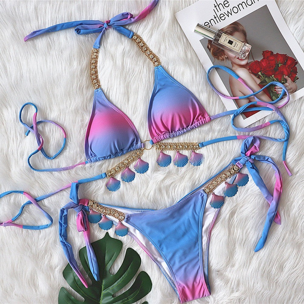 Pink Gradient Shell Chain Rhinestone Halter Bikinis Set