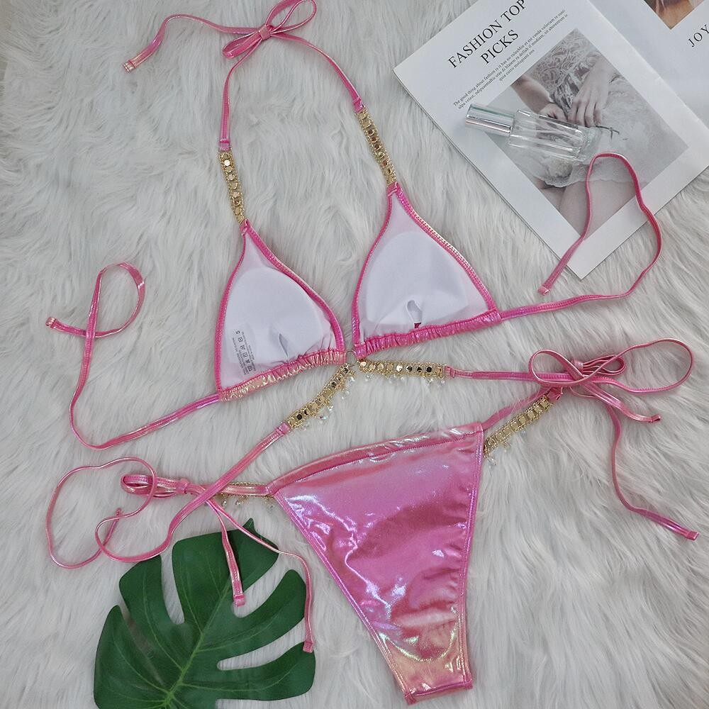 Sexy Halter Shiny Diamond Laser Metallic Bikini