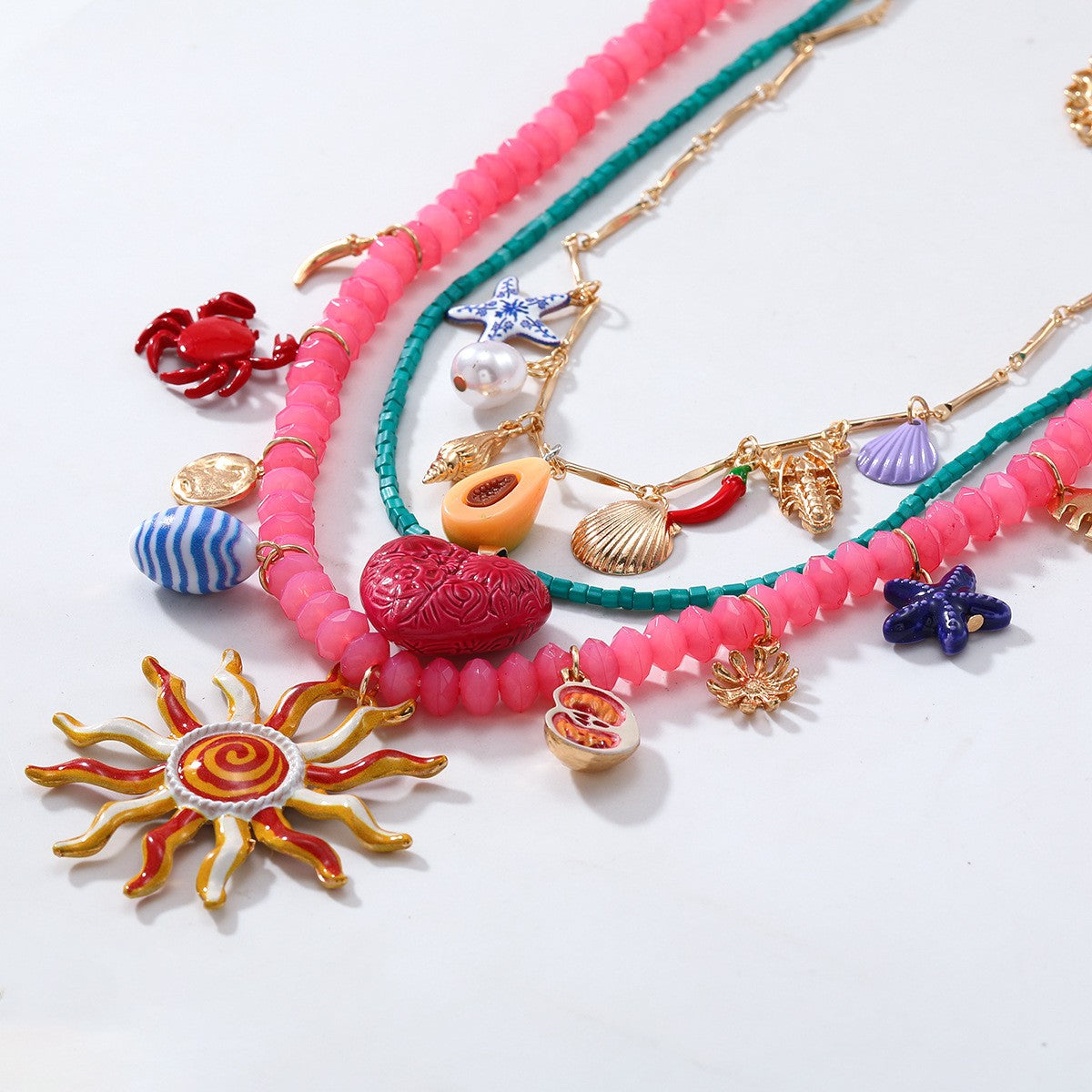 3pcs/set Shell Sea Star Sun Conch Bead Heart Crab Necklace Exaggerated Jewelry
