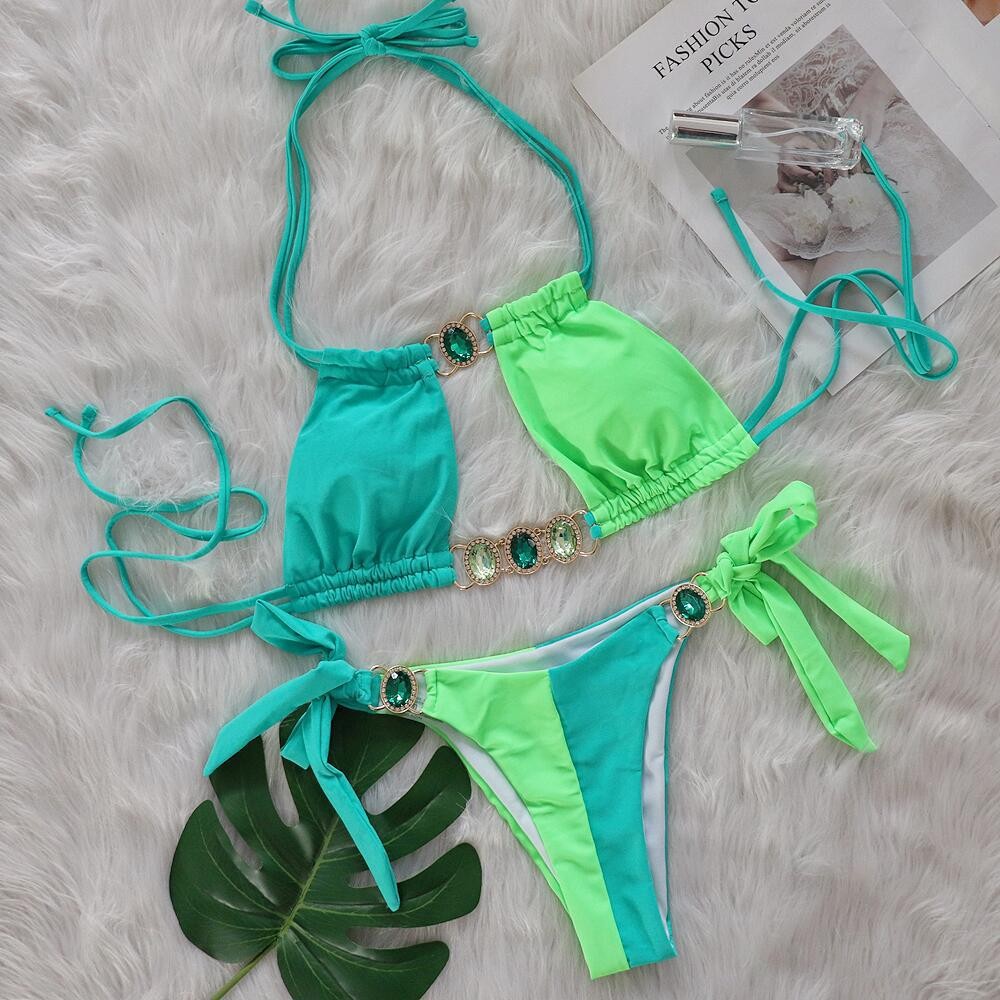 Splicing Halter Jewelled Hollow Out Bikini