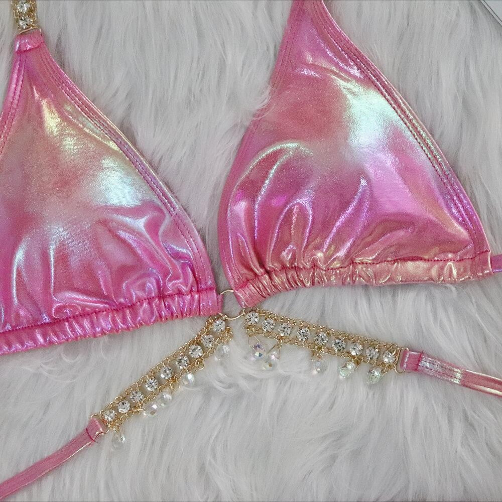 Sexy Halter Shiny Diamond Laser Metallic Bikini