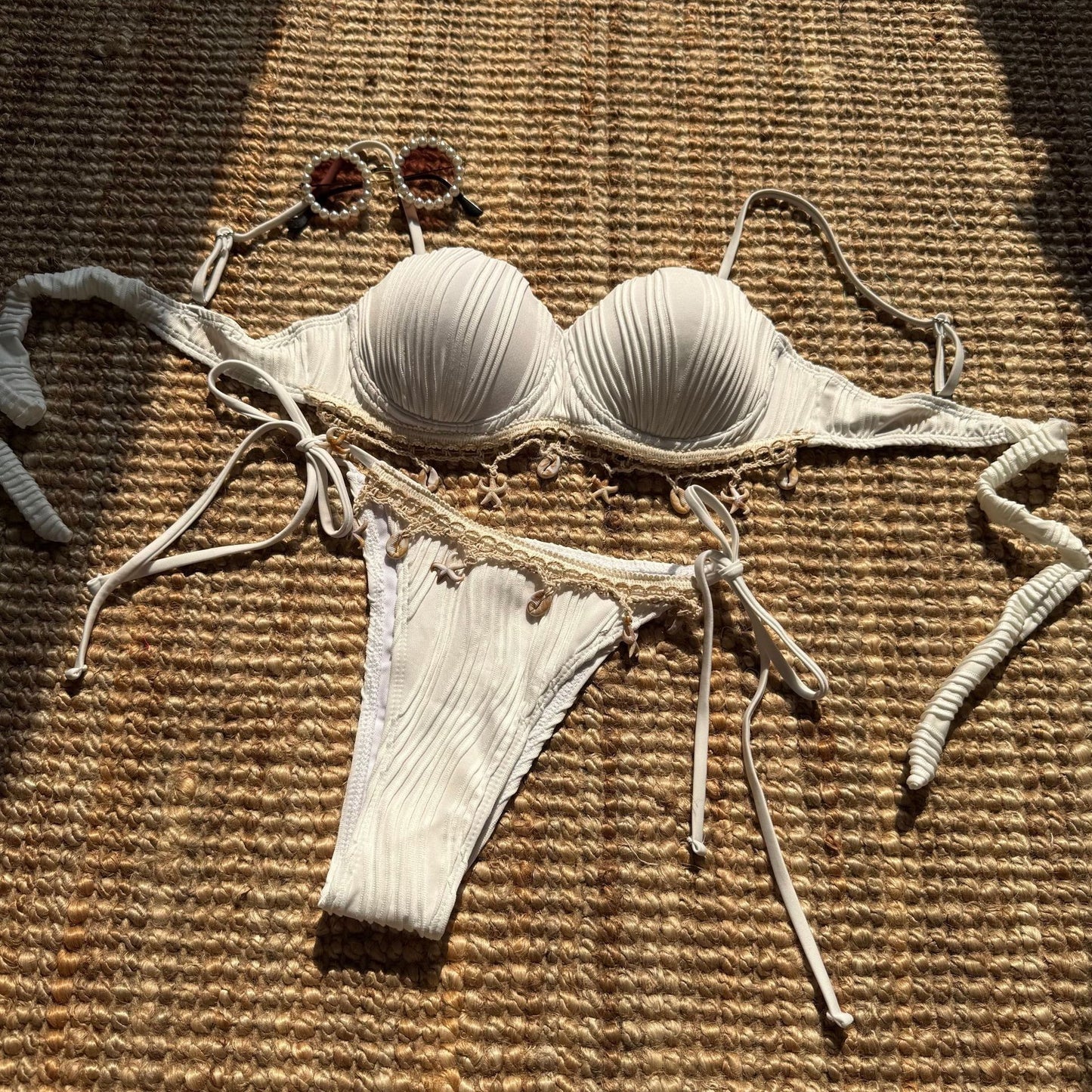 Wave Texture Shell Petal Hard Bag Split Bikini