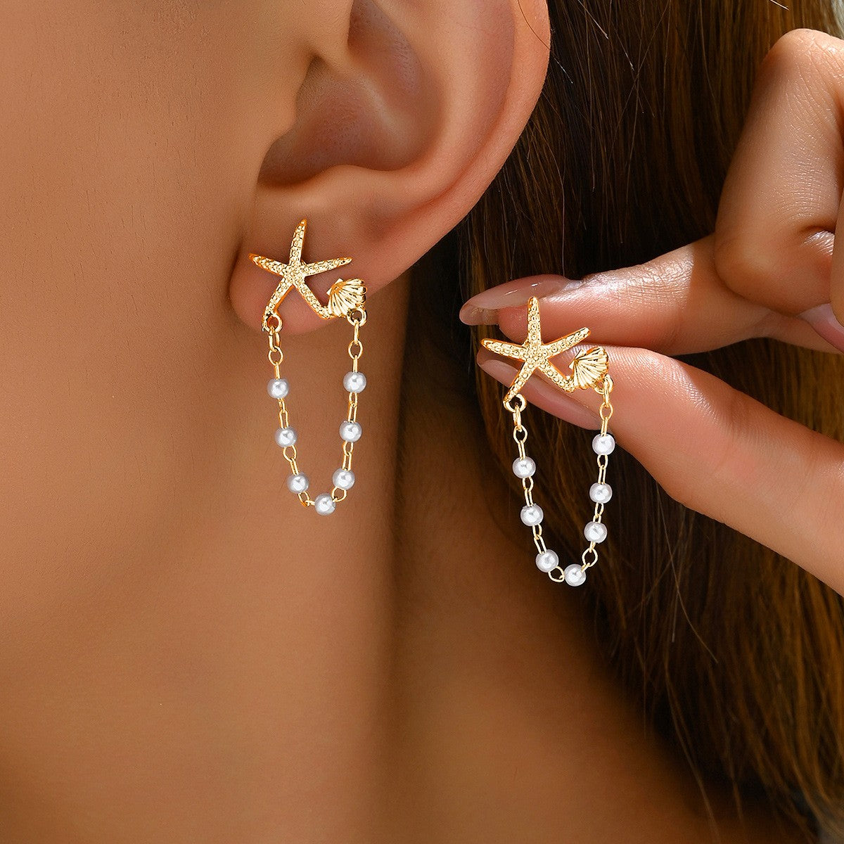 Bohemian Rhinestone Starfish Imitation Pearl Tassel Earrings