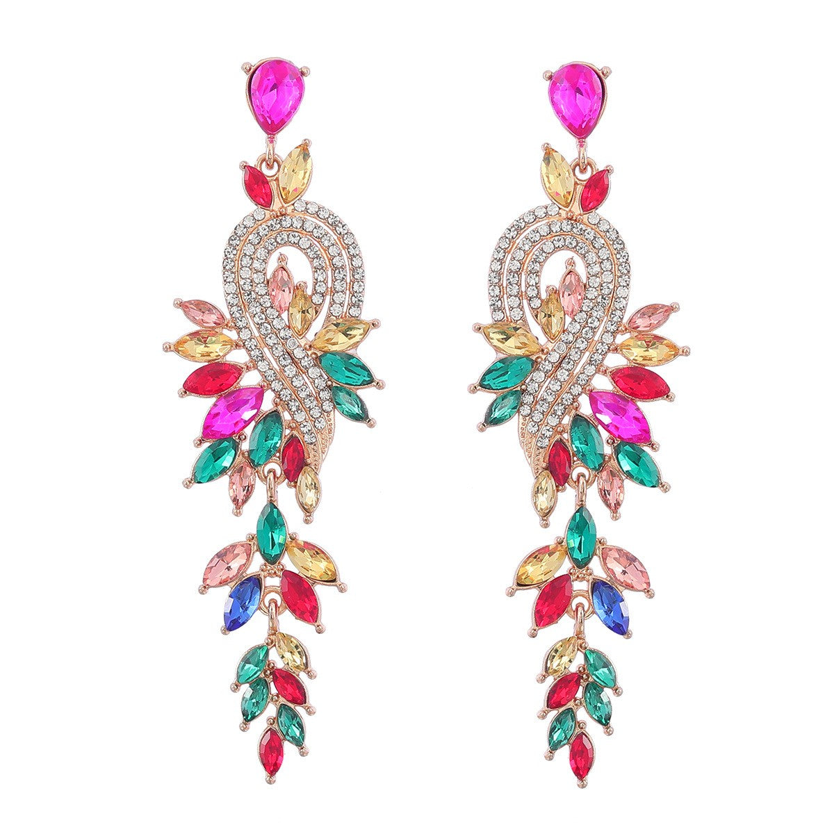Dangle Earrings Metal Hollow Chain Leaves Crystal Pendant
