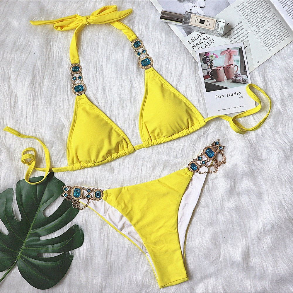 Halter Metal Chains Rhinestone Diamond Bikini set
