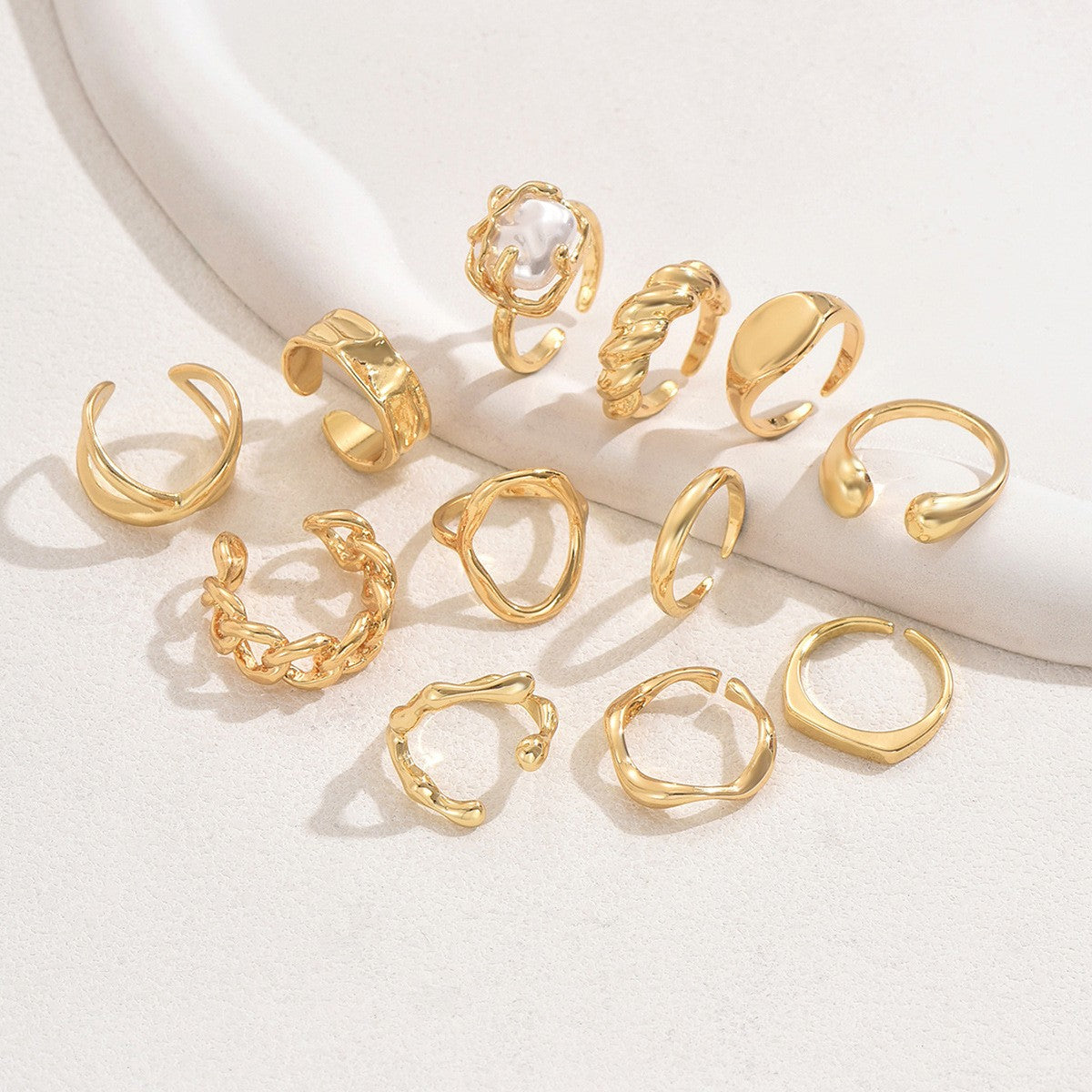 12Pcs/ Set Adjustable Geometric Rings Gold Color Irregular Alloy Jewelry