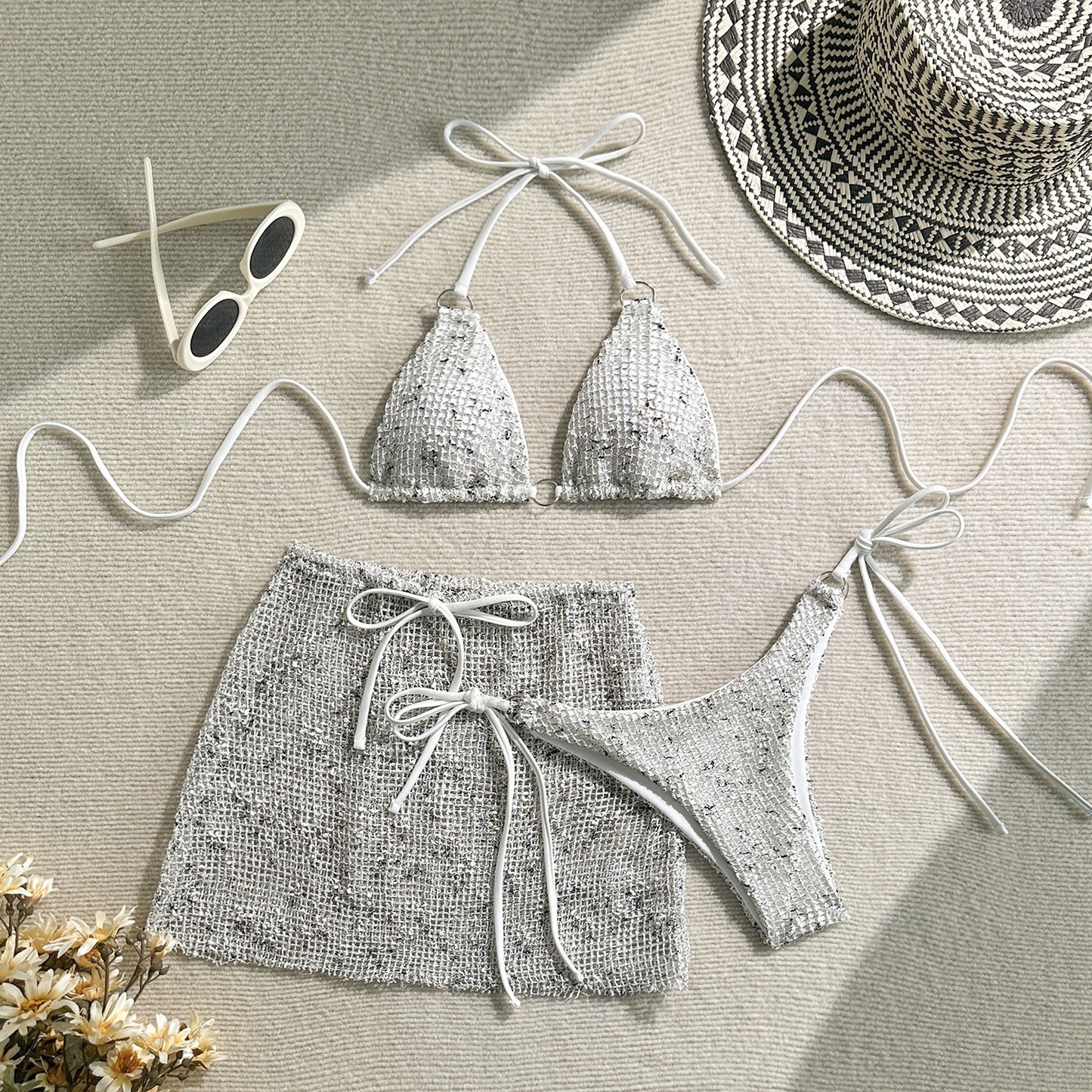 3PCS Halter Hollow Out Skirt Bikini