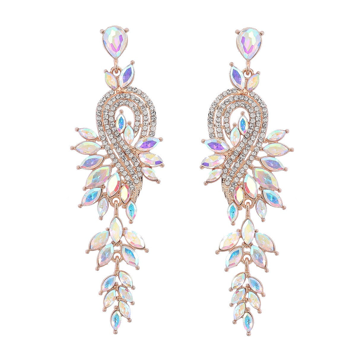 Dangle Earrings Metal Hollow Chain Leaves Crystal Pendant