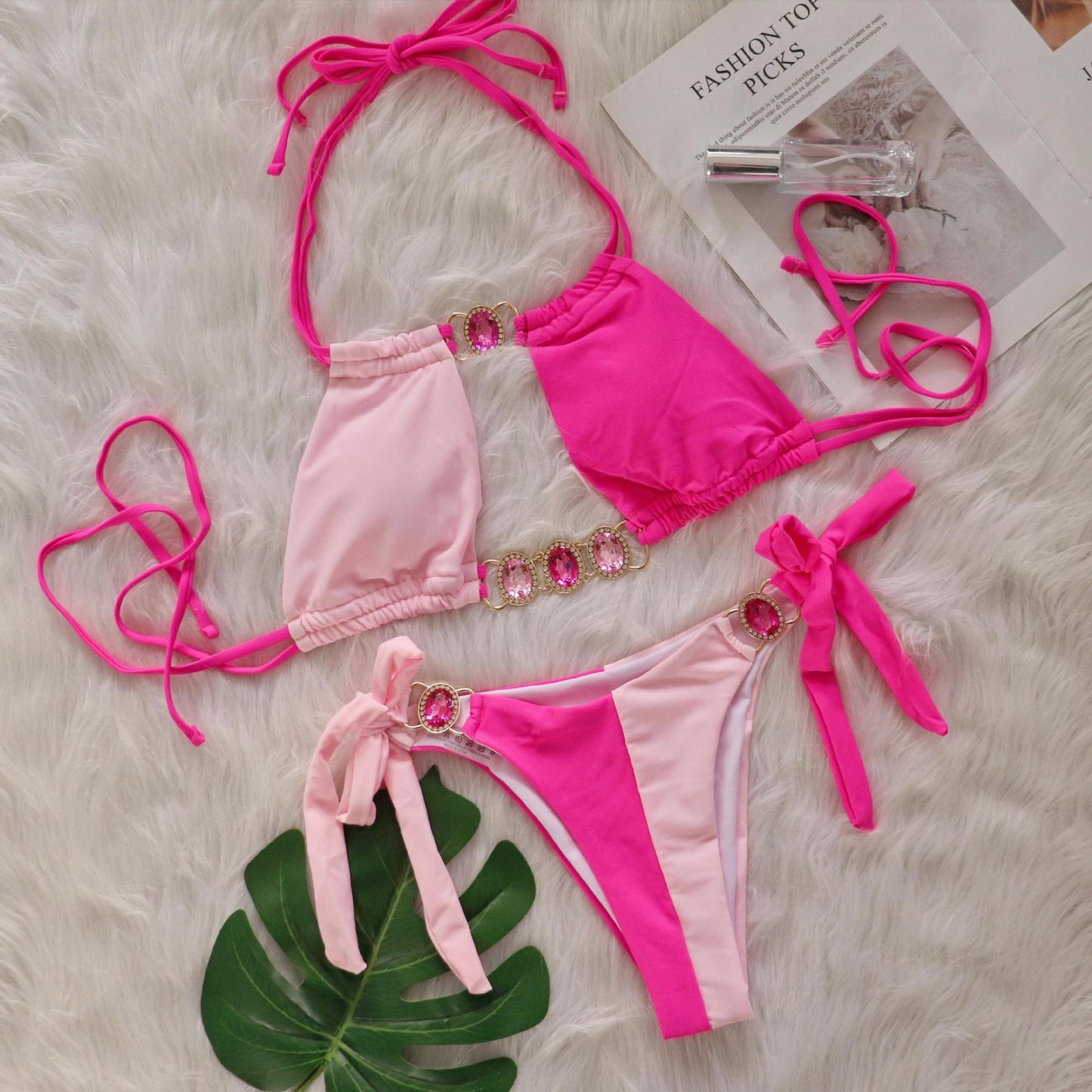Splicing Halter Jewelled Hollow Out Bikini