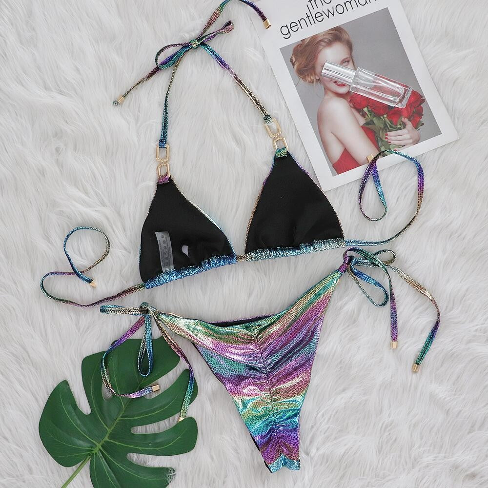 Gradient Rainbow Snake Skin Diamond Bikins