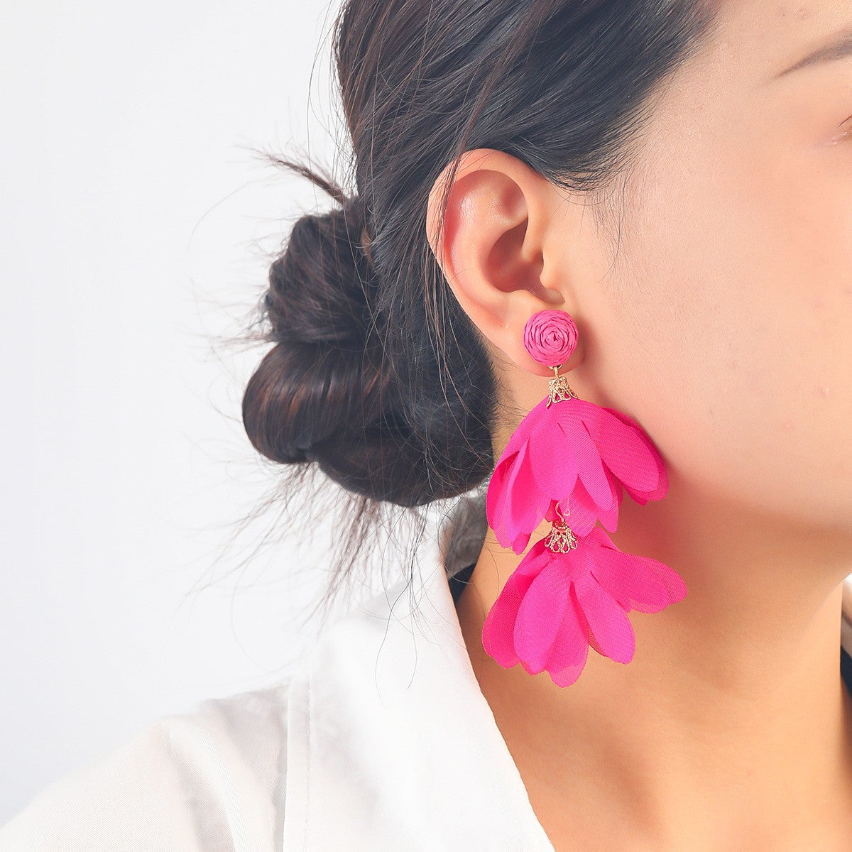 Fabric Flower Dangle Earrings Retro Sweet Hanging Ear Studs