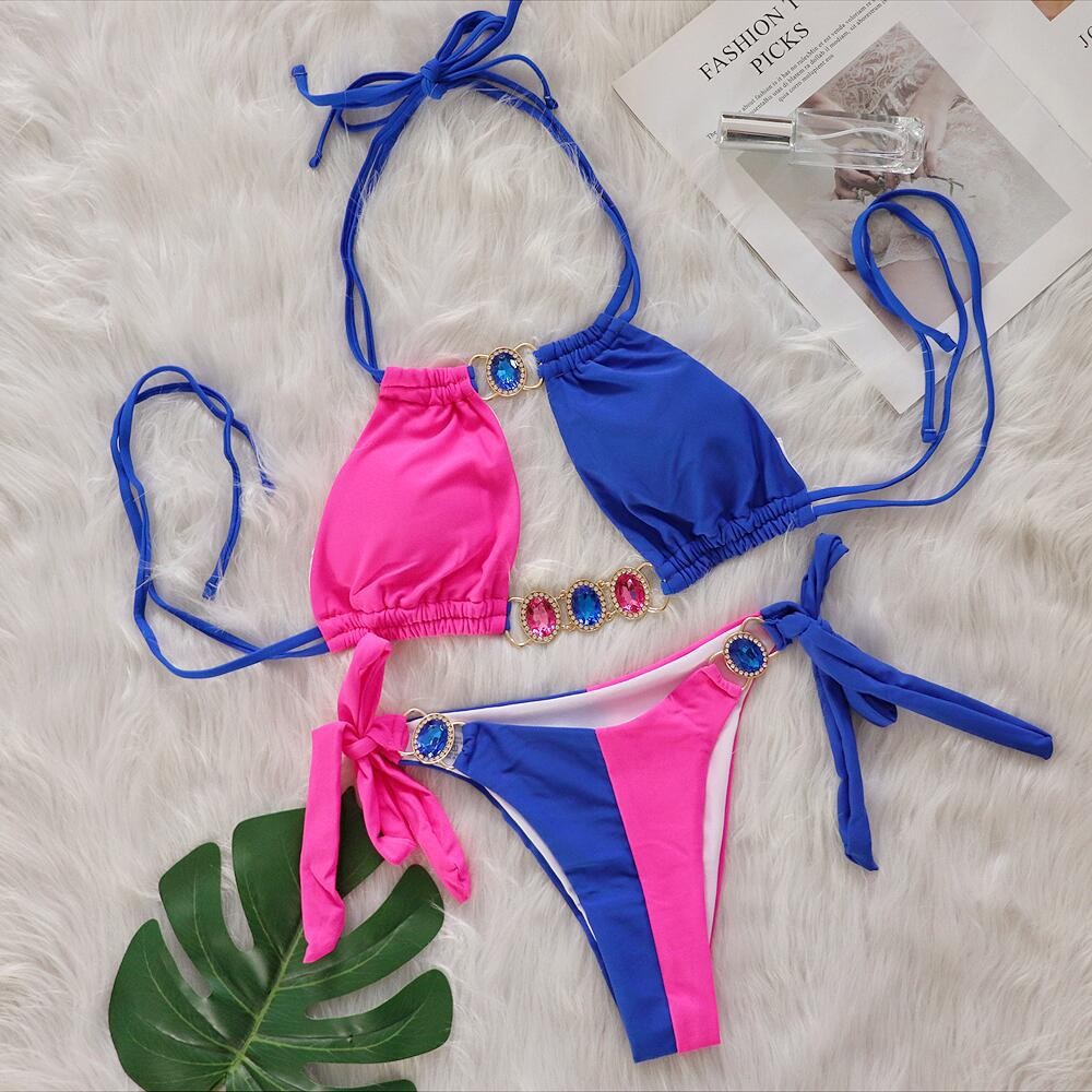 Splicing Halter Jewelled Hollow Out Bikini