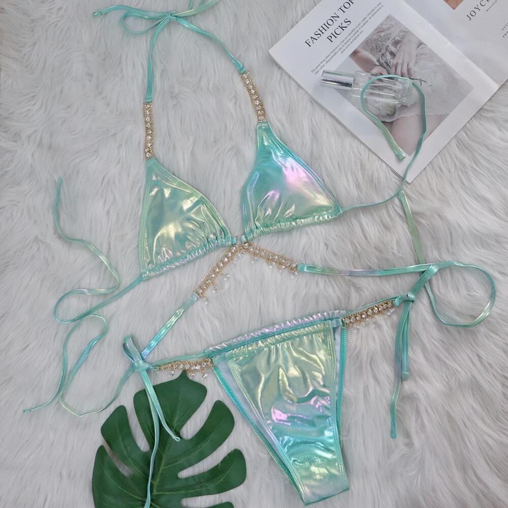 Sexy Halter Shiny Diamond Laser Metallic Bikini