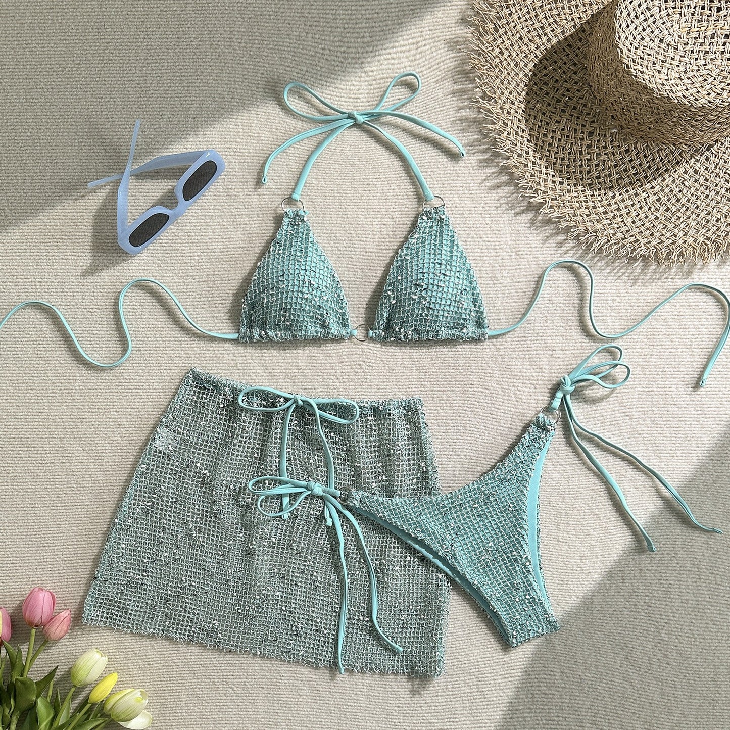3PCS Halter Hollow Out Skirt Bikini