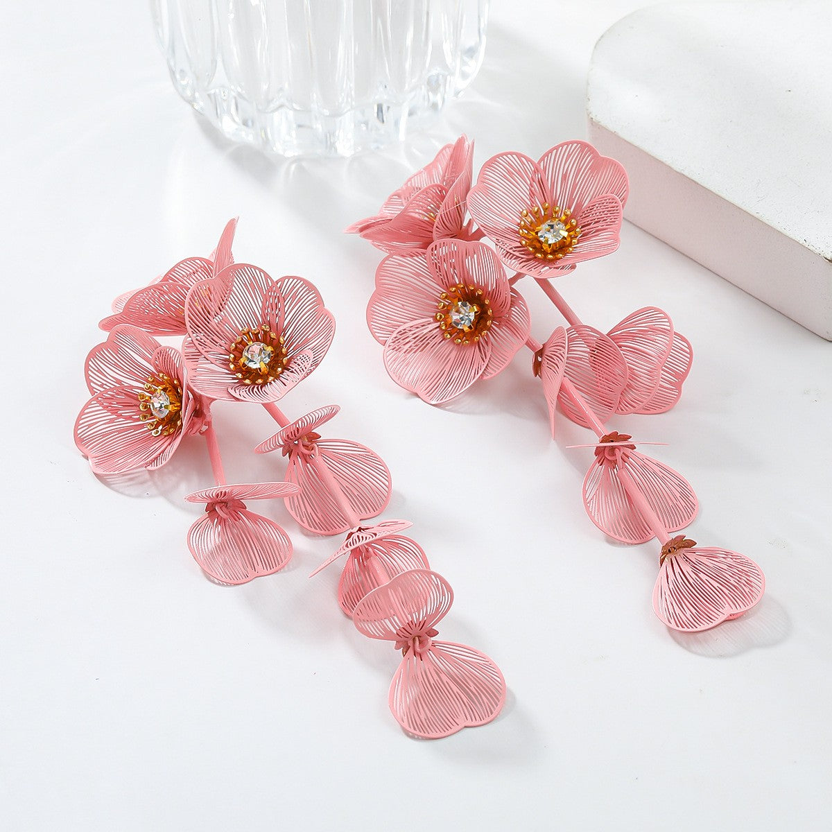 Colorful Flower Petal Long Earrings Inlaid Zircon Drop Earrings