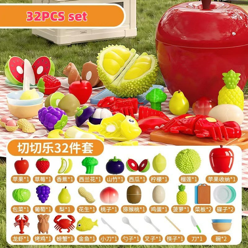 1 Set Plastic Fruit & Vegetable Cutting Educational Set Kitchen Pretend Play Toy with Apples Jar
