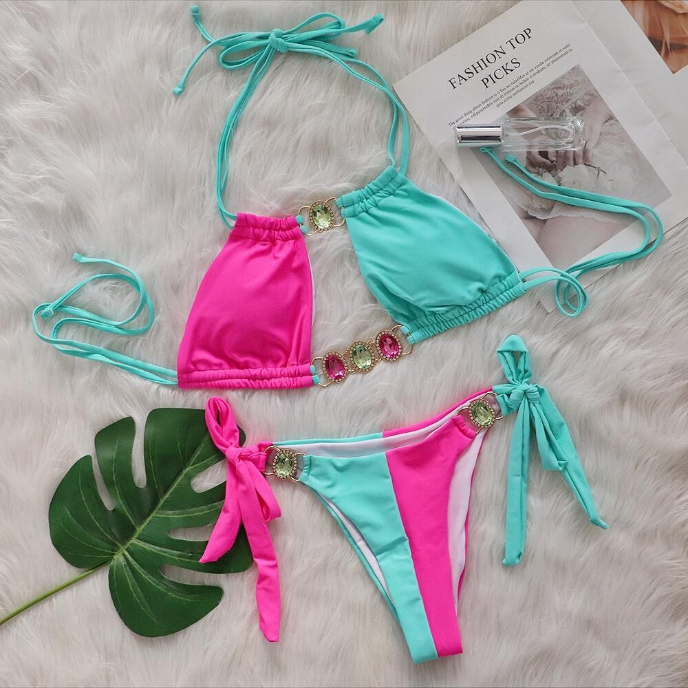 Splicing Halter Jewelled Hollow Out Bikini