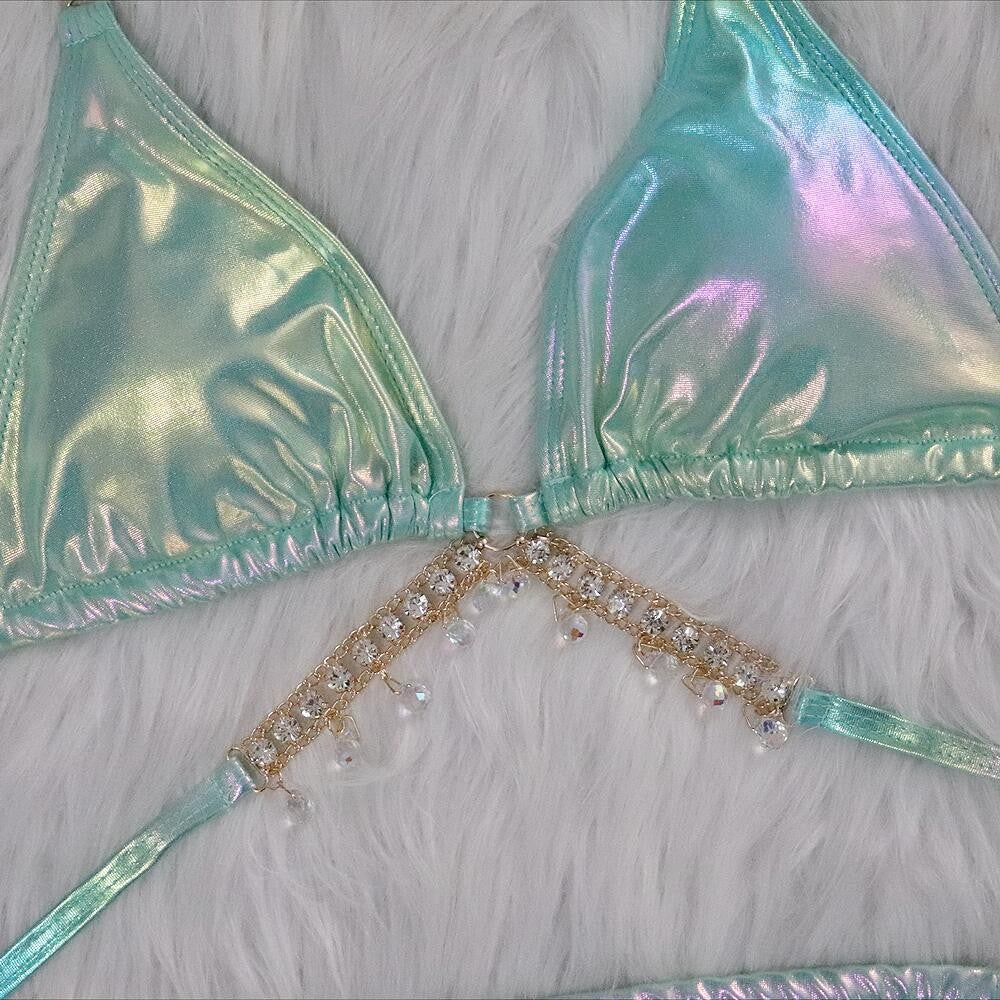 Sexy Halter Shiny Diamond Laser Metallic Bikini