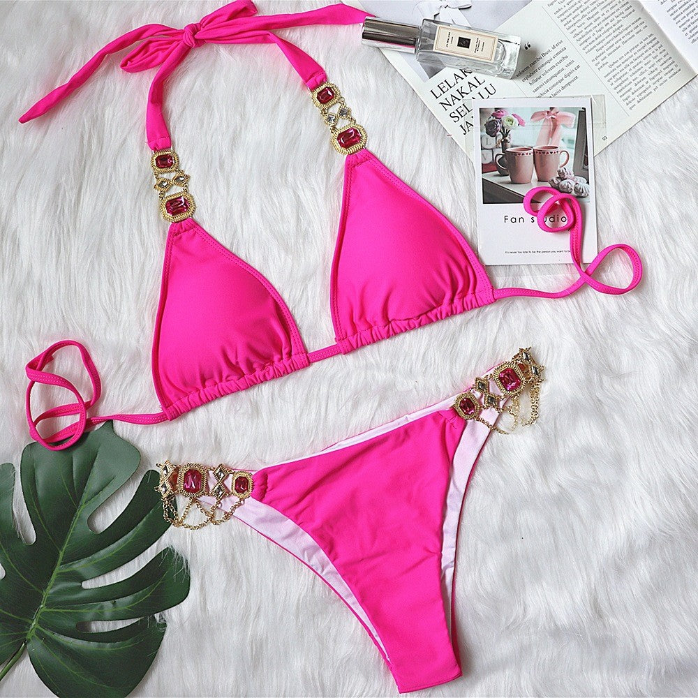 Halter Metal Chains Rhinestone Diamond Bikini set