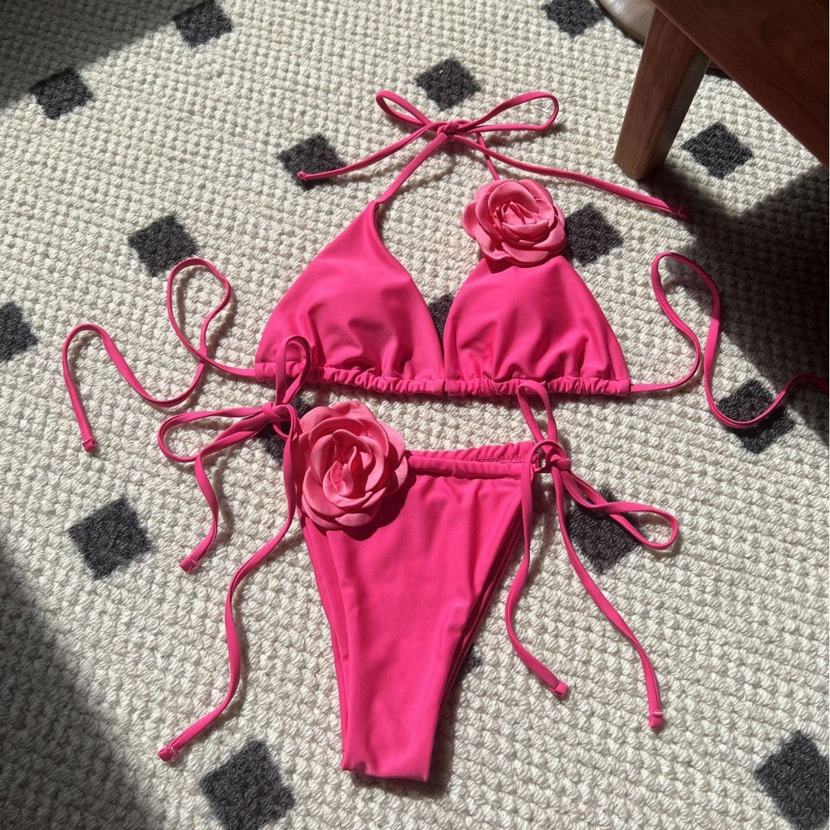 3D Flowers Halter Strappy Bikini