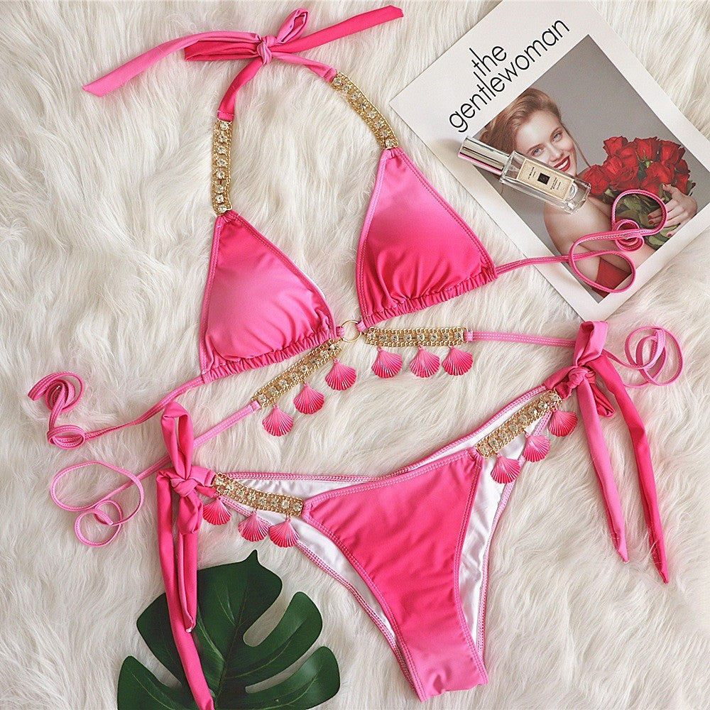 Pink Gradient Shell Chain Rhinestone Halter Bikinis Set