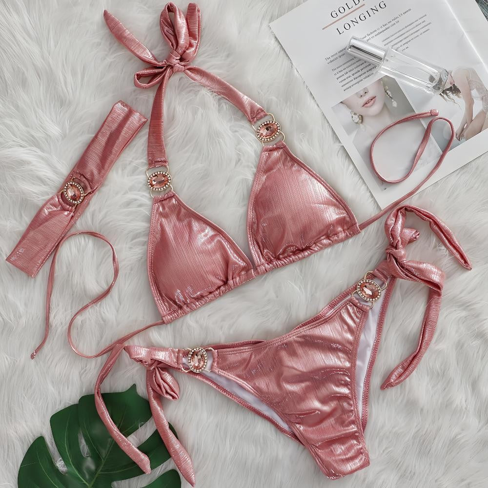 Glossy Sexy Halter Bikinis With Rhinestones