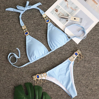 Halter Metal Chains Rhinestone Diamond Bikini set