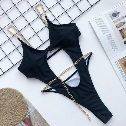 Sexy Metal Chains Hollow Out Monokini Swimsuit