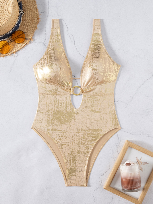 Sexy Golden Deep V Neck Backless One Piece Swimsuit