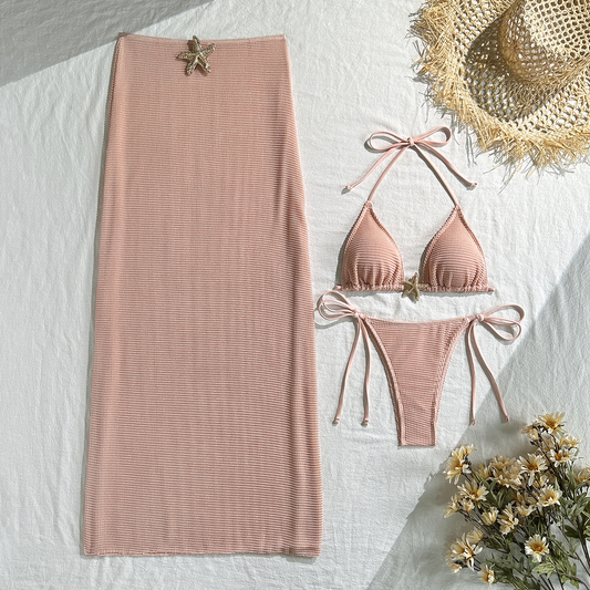 3PCS Metal Star Halter With Skirt Bikini
