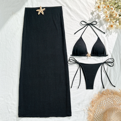 3PCS Metal Star Halter With Skirt Bikini