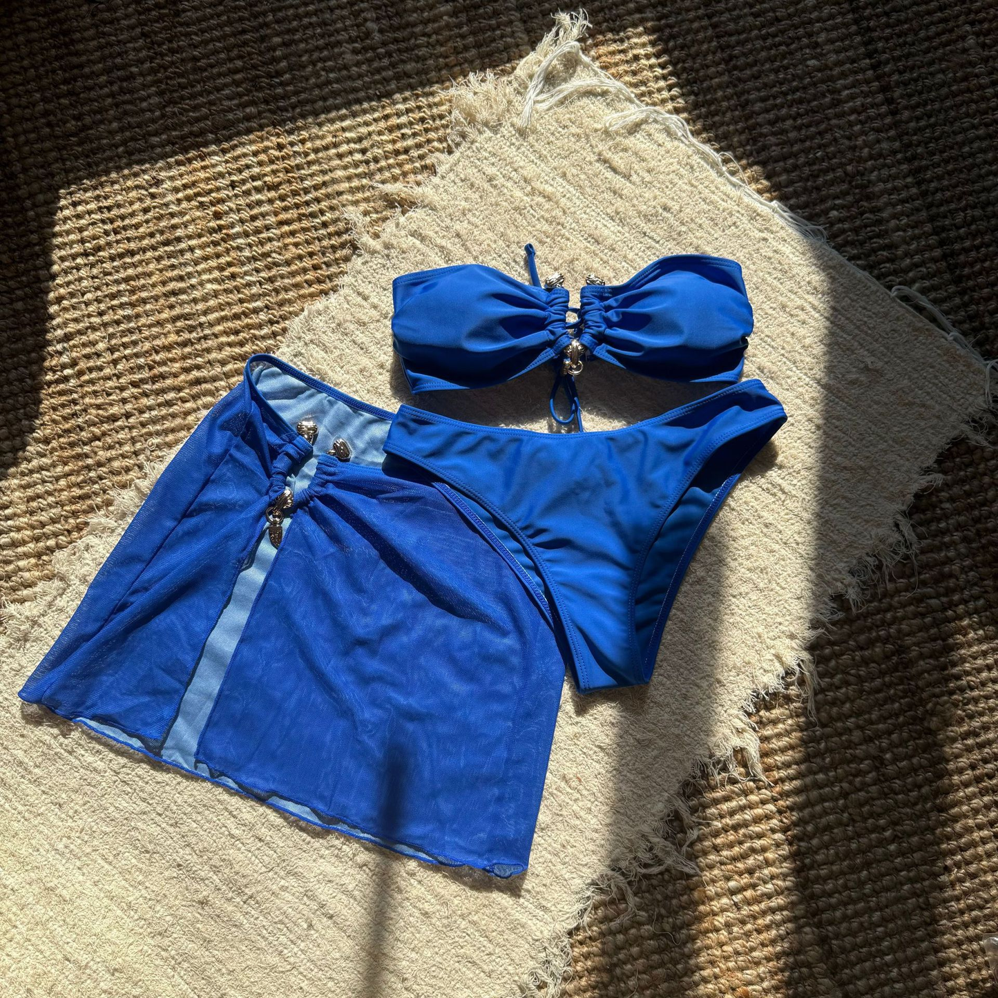 3 PCS Mesh Skirt Bandeau Metal Bikini