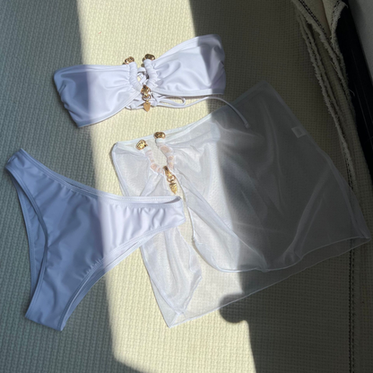 3 PCS Mesh Skirt Bandeau Metal Bikini