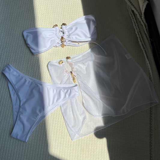 3 PCS Mesh Skirt Bandeau Metal Bikini