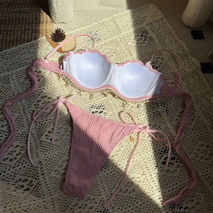 Wave Texture Shell Petal Hard Bag Split Bikini