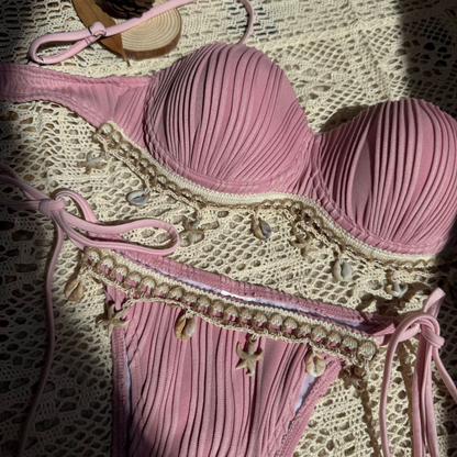 Wave Texture Shell Petal Hard Bag Split Bikini