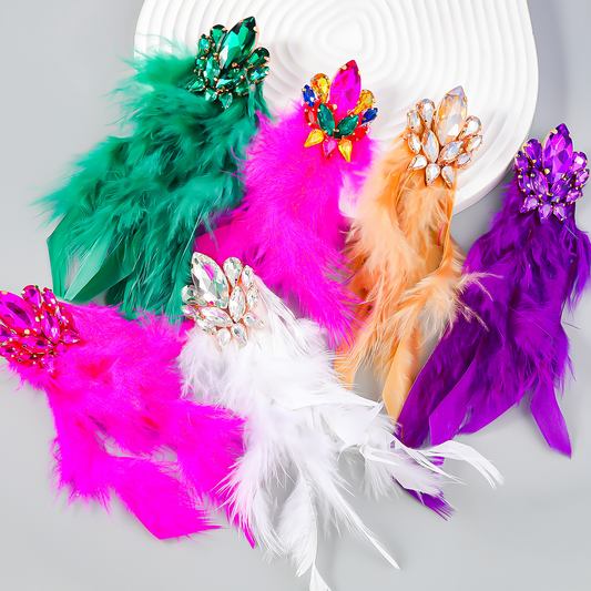 Luxury Charm Rhrinestone Feather Tassel Long Dangle Earrings