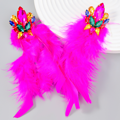 Luxury Charm Rhrinestone Feather Tassel Long Dangle Earrings