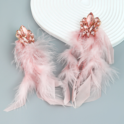 Luxury Charm Rhrinestone Feather Tassel Long Dangle Earrings