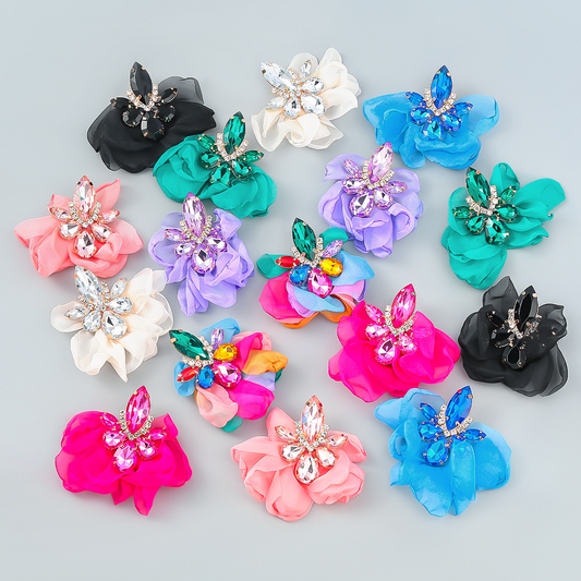 Luxury Large jewellery clip drill chiffon flower earring