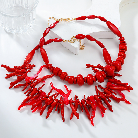 Bohemian style double layer resin Red Coral Necklace