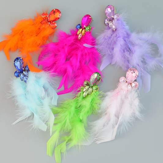 Feather Statement Earring Colored Crystal Long Tassel Earrings