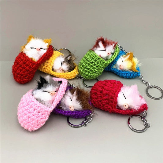 Handmade Cute Sleeping Cat Pompom Funny Bag Keychain